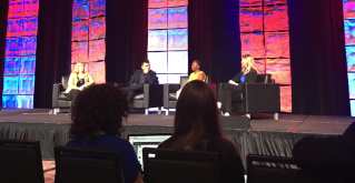Caption: Keynote speakers Lisa Stone, Vanessa K. DeLuca, Jose Vargas and Alisa Miller. The keynote focused on what a bechdel test for news stories with diverse content would look like.