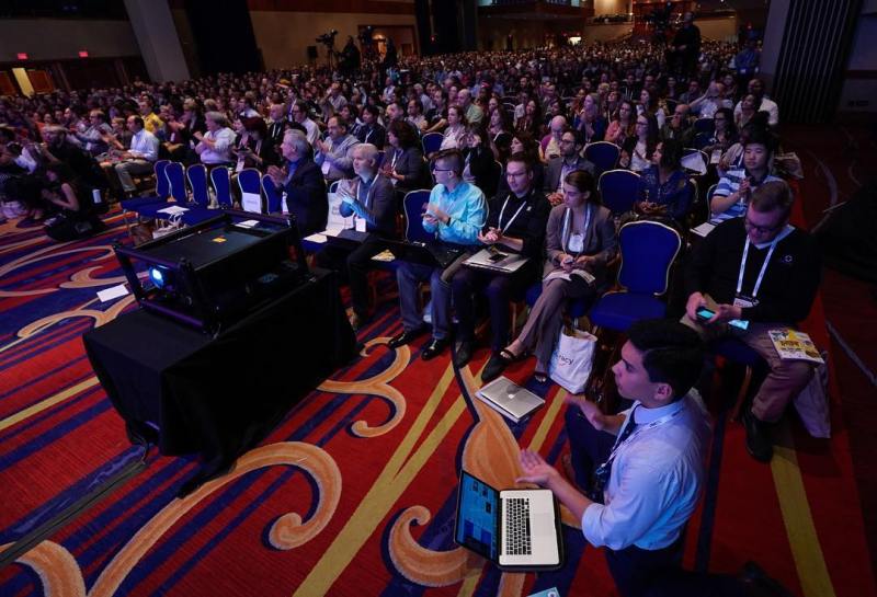 Sebastian Vega of the University of Southern California and the ONA Student Newsroom reported the opening session of the #ONA17 conference from in front of the front row. (Photo: Curt Chandler)
