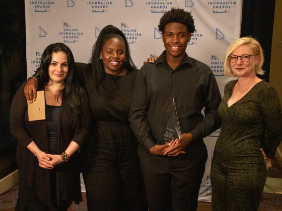 Jennifer Mascia, Akoto Ofori-Atta, Joshua Johnson and Sarah Whitmire pose for a picture in the red carpet area aftger receiving the Pro-Am Student Award in 2019. Photo by Daja Henry