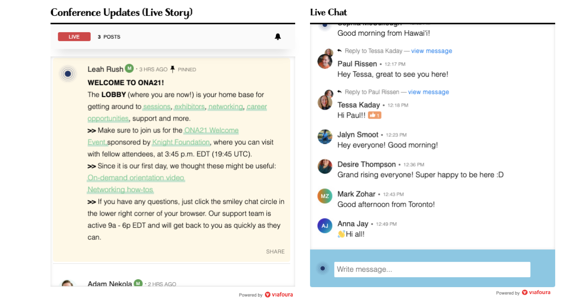 screenshot of the live chat function of the ONA21 experience