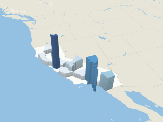 A data visualization map of the number of nonprofit news sources in California. There are blue bars of differing sizes depending on how many nonprofits each county has. The largest blue bar is in Alameda County, and the second largest is in Los Angeles County. There are 14 other counties with at least one nonprofit news source.