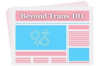 A pink and blue newspaper with the headline "Beyond Trans 101" and a graphic of the two gender symbols.